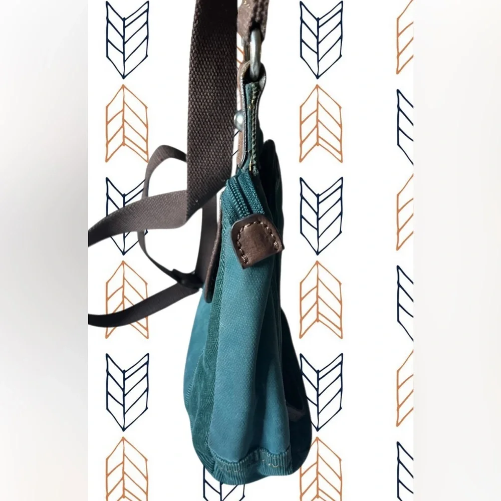 Fossil Teal Green Velvet Corduroy with Brown Leather Trim & Stitching Crossbody